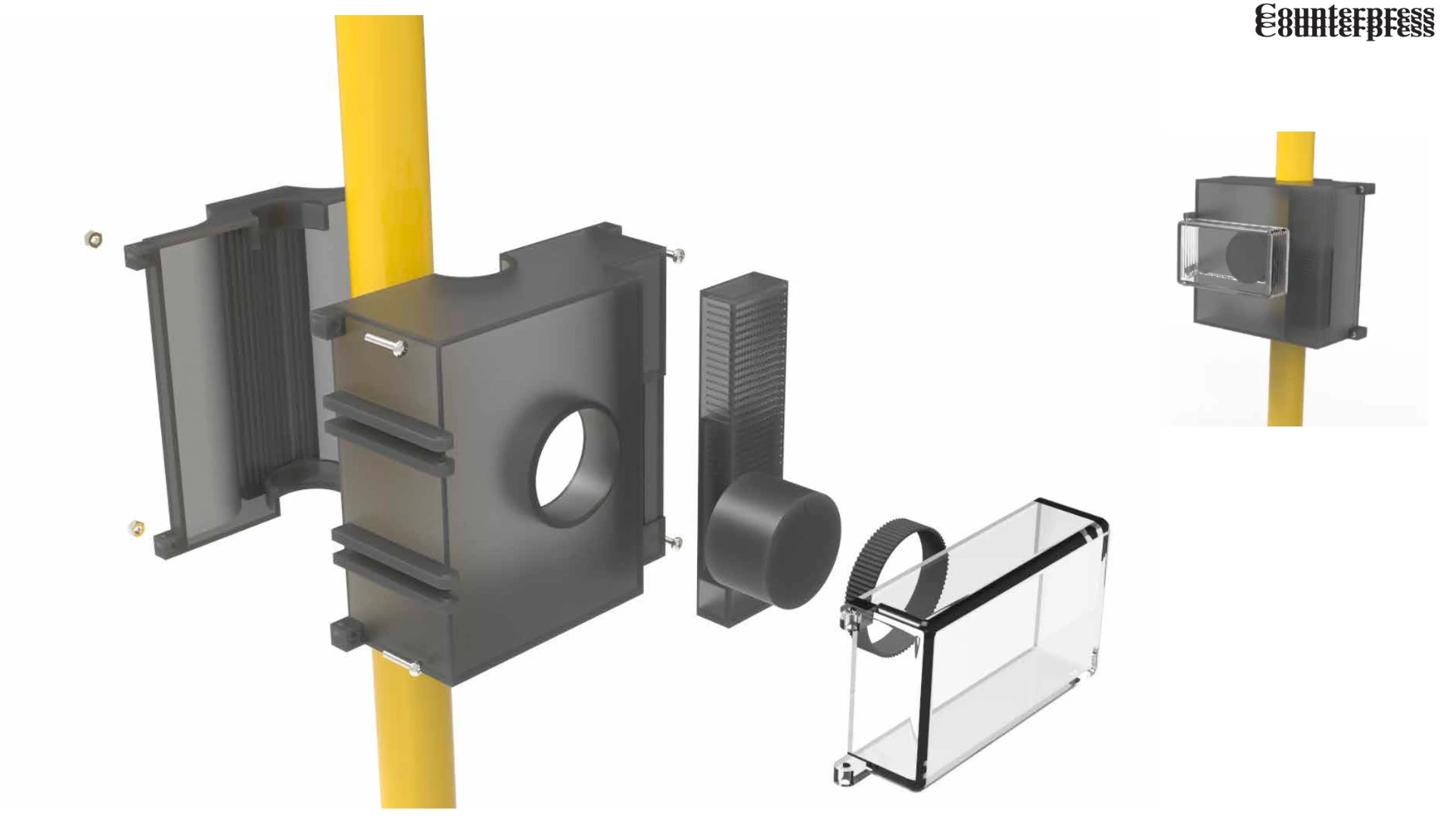 Counterpress — exploded CAD render of the device on a bus pole