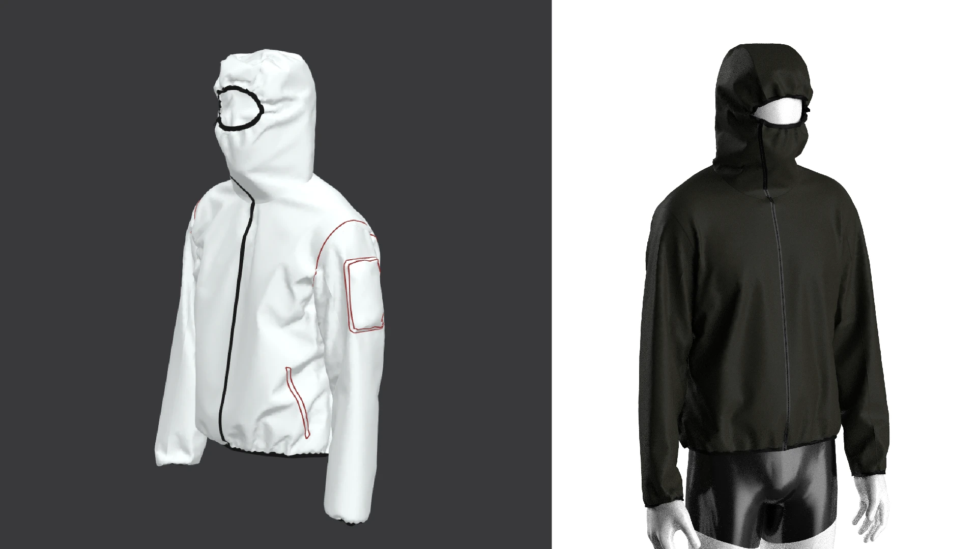 Technical line drawing overlay and black jacket on mannequin