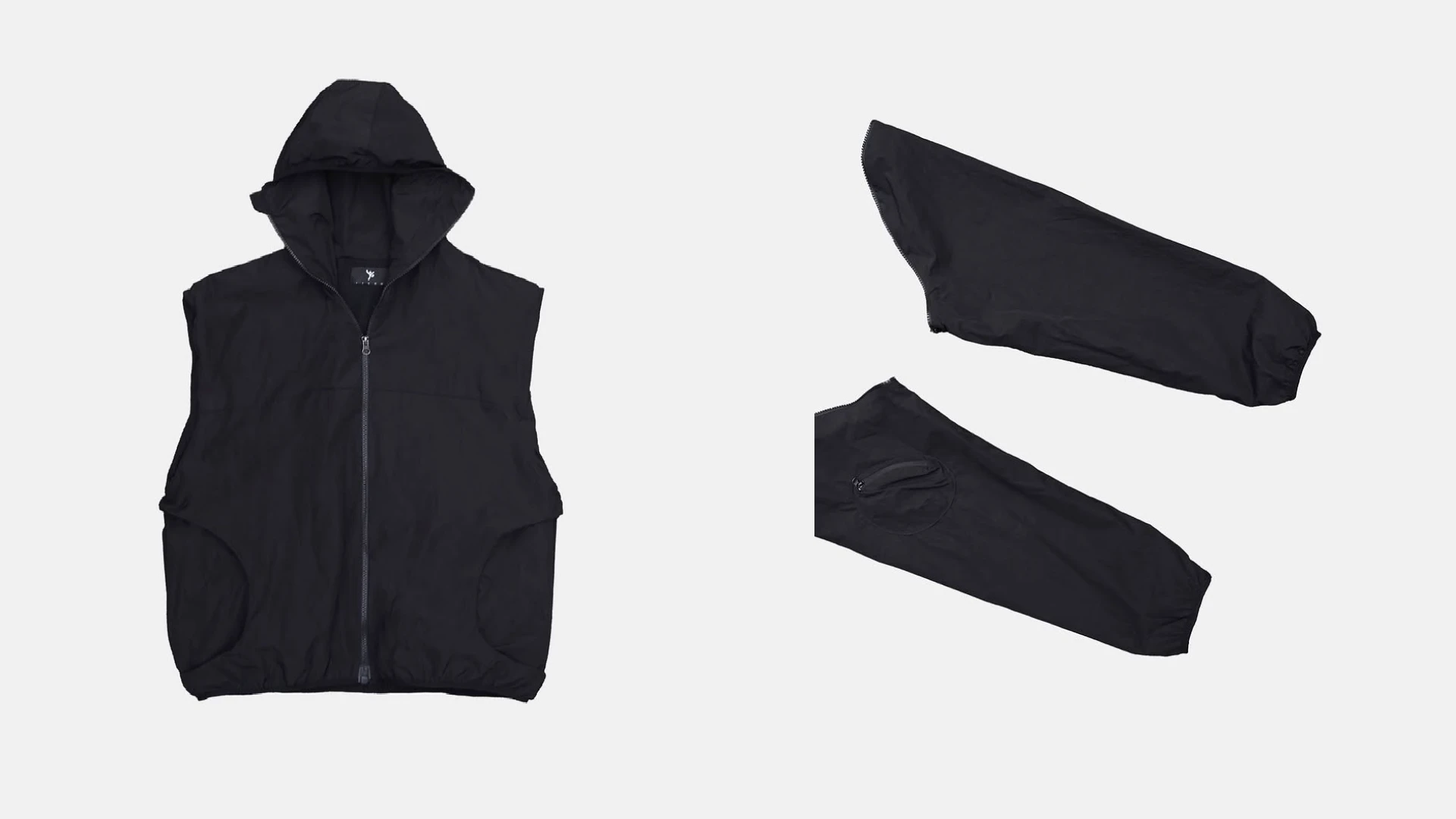 Jacket deconstructed into hooded vest and zip-off sleeves