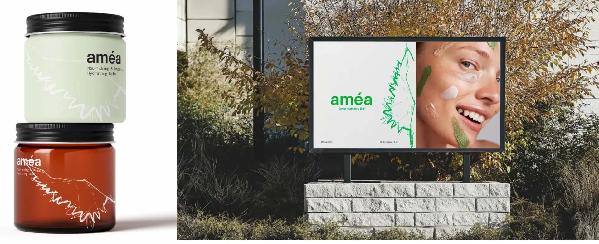 Stacked Améa jars and outdoor billboard mockup