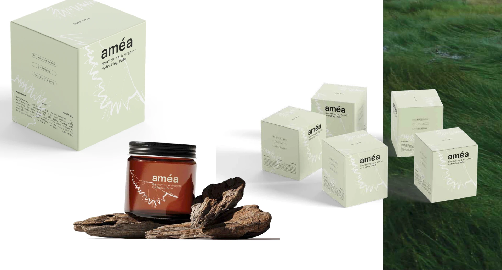 Améa packaging boxes and amber balm jar