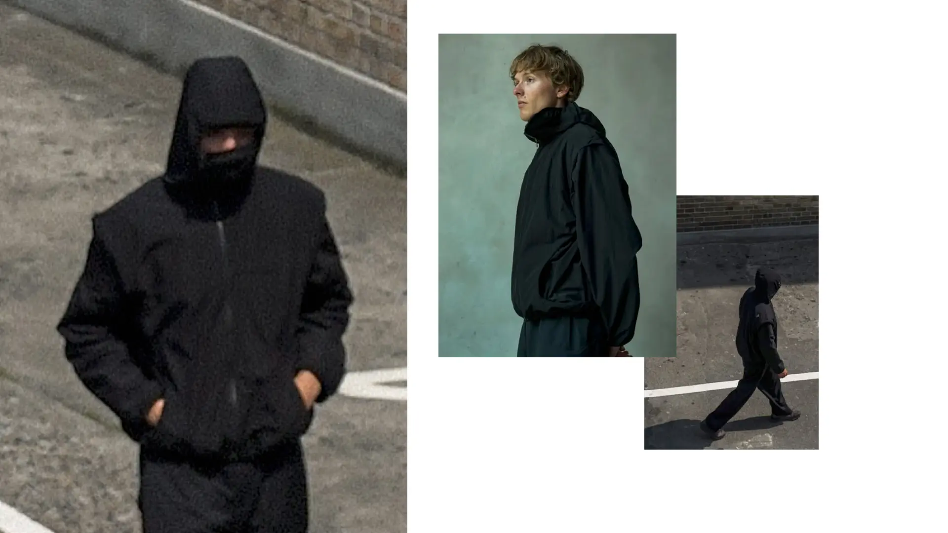 Campaign imagery of the hooded jacket worn on the street