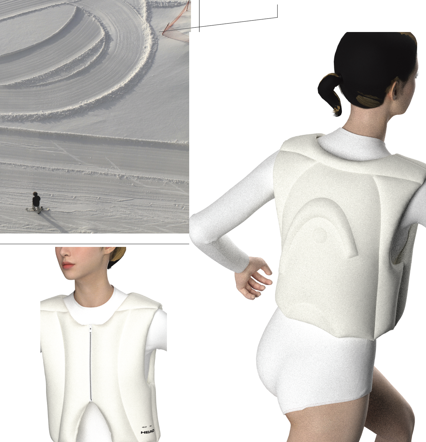 White moulded snow sports vest, front and back views
