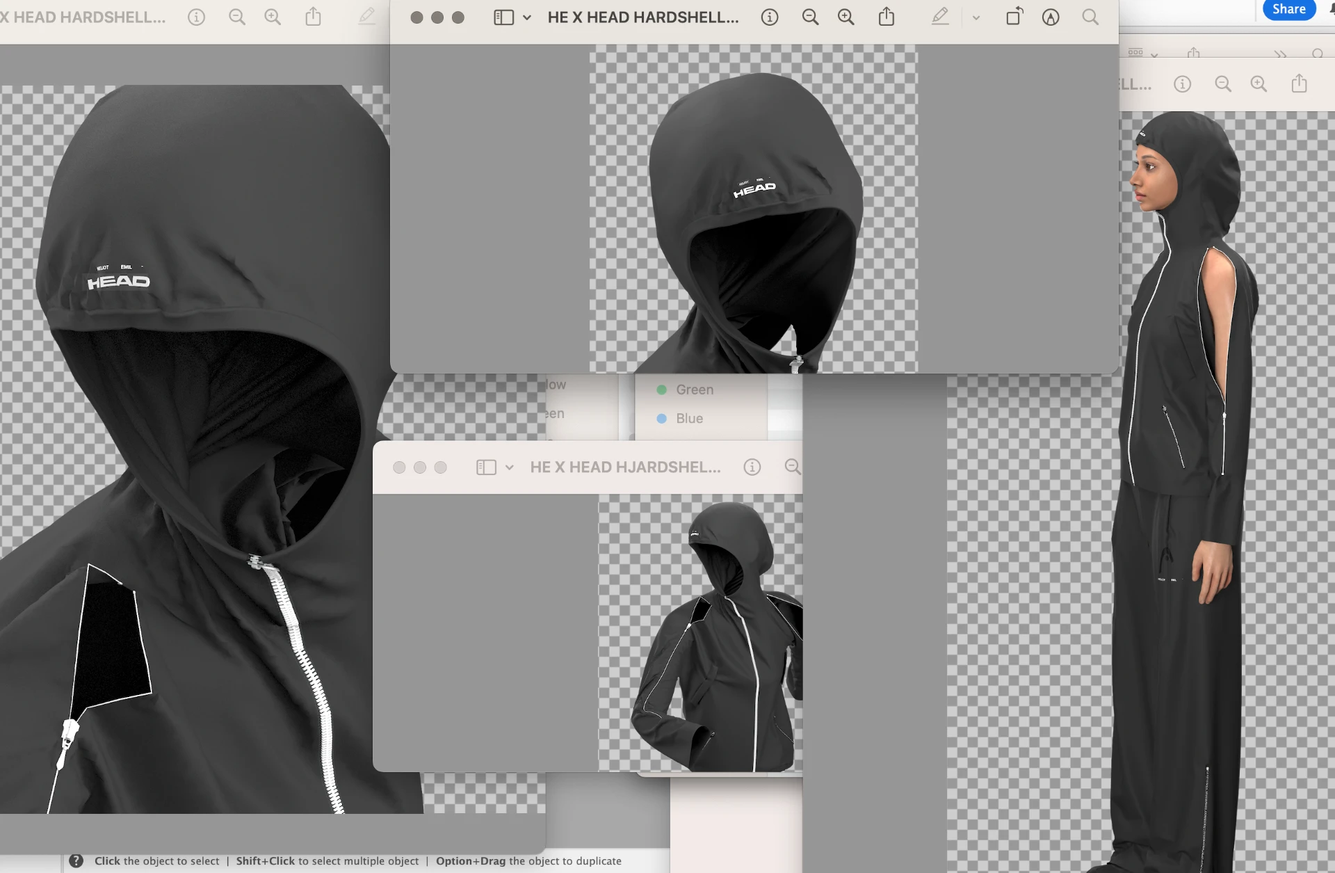 Black hardshell hooded jacket renders