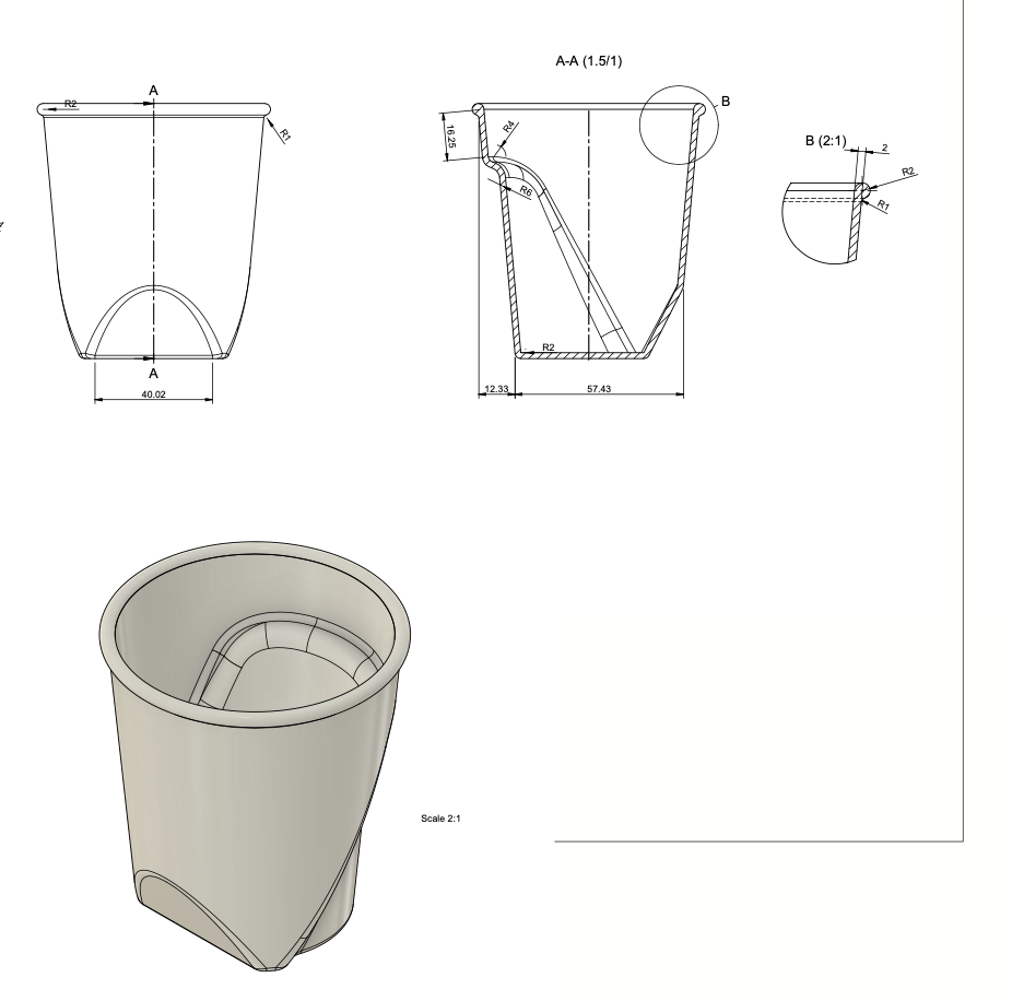 Technical drawing with sections and dimensions