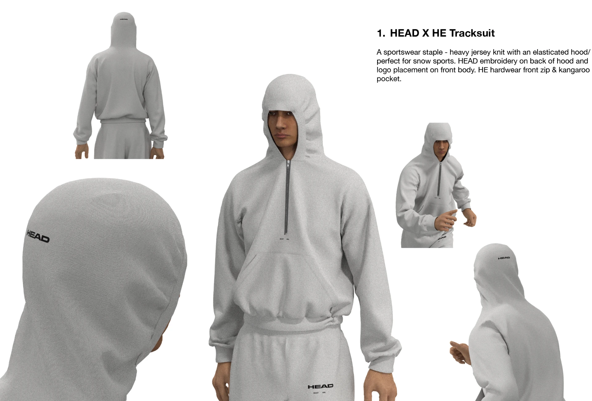 HEAD x HE tracksuit in grey jersey knit, multiple views