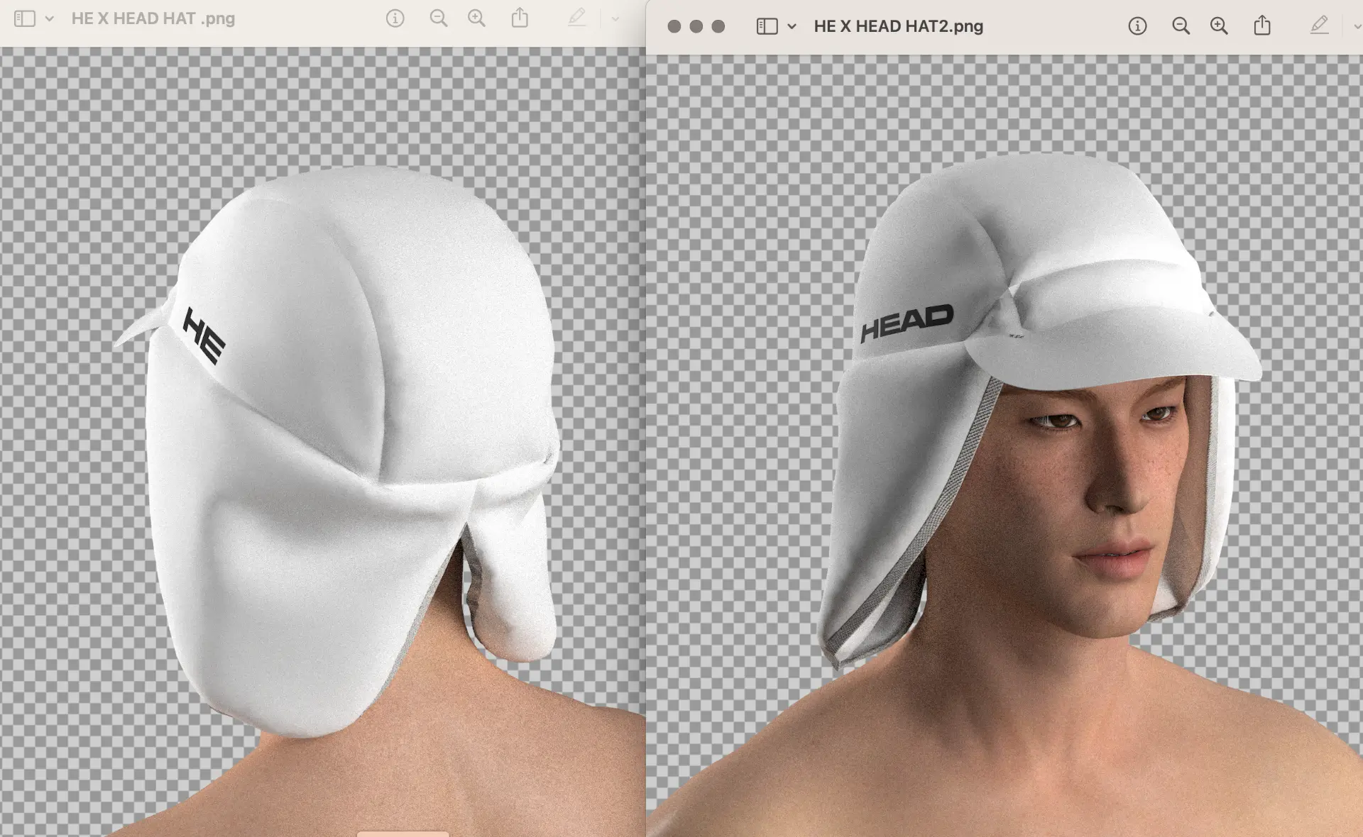 HE x HEAD padded hat renders, side and front views